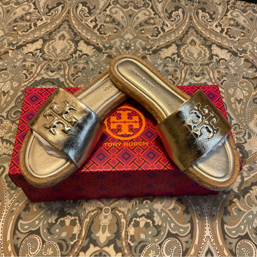 NWT Tory Burch Everly Leather Espadrille Metallic Gold Slide Women’s Sz 6